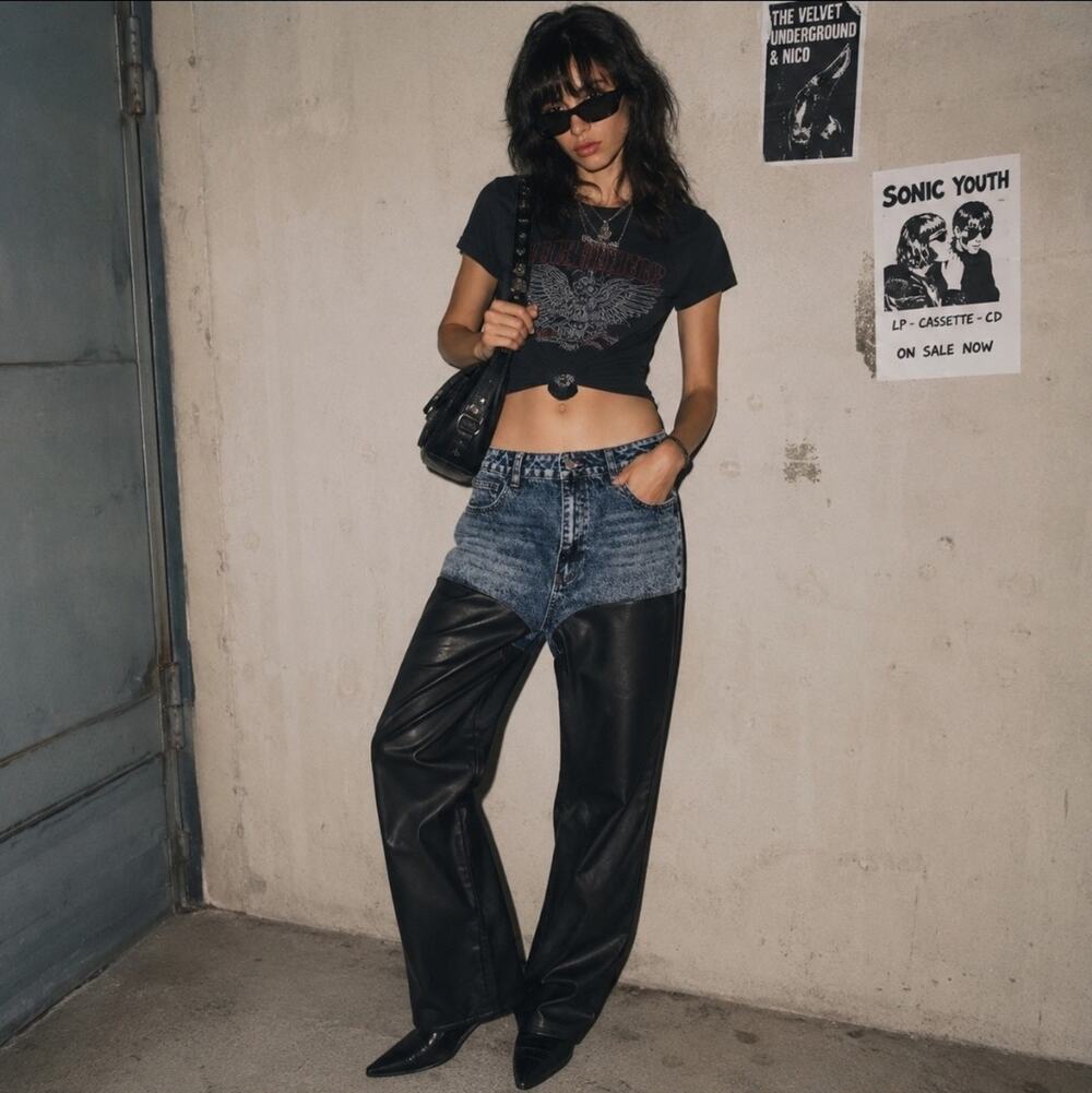 Size M/30 Faux Leather & Denim Pants Western Hipster Indie Sleaze Pants